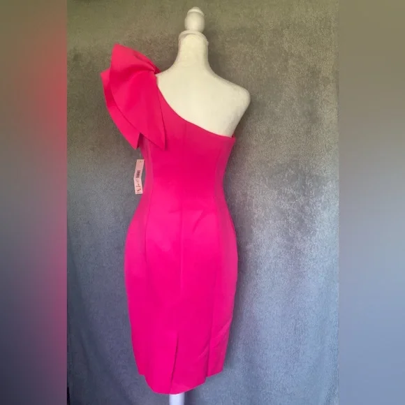 Eliza J One-Shoulder Fuchsia Sheath Dress with Statement Bow - Picture 3 of 12